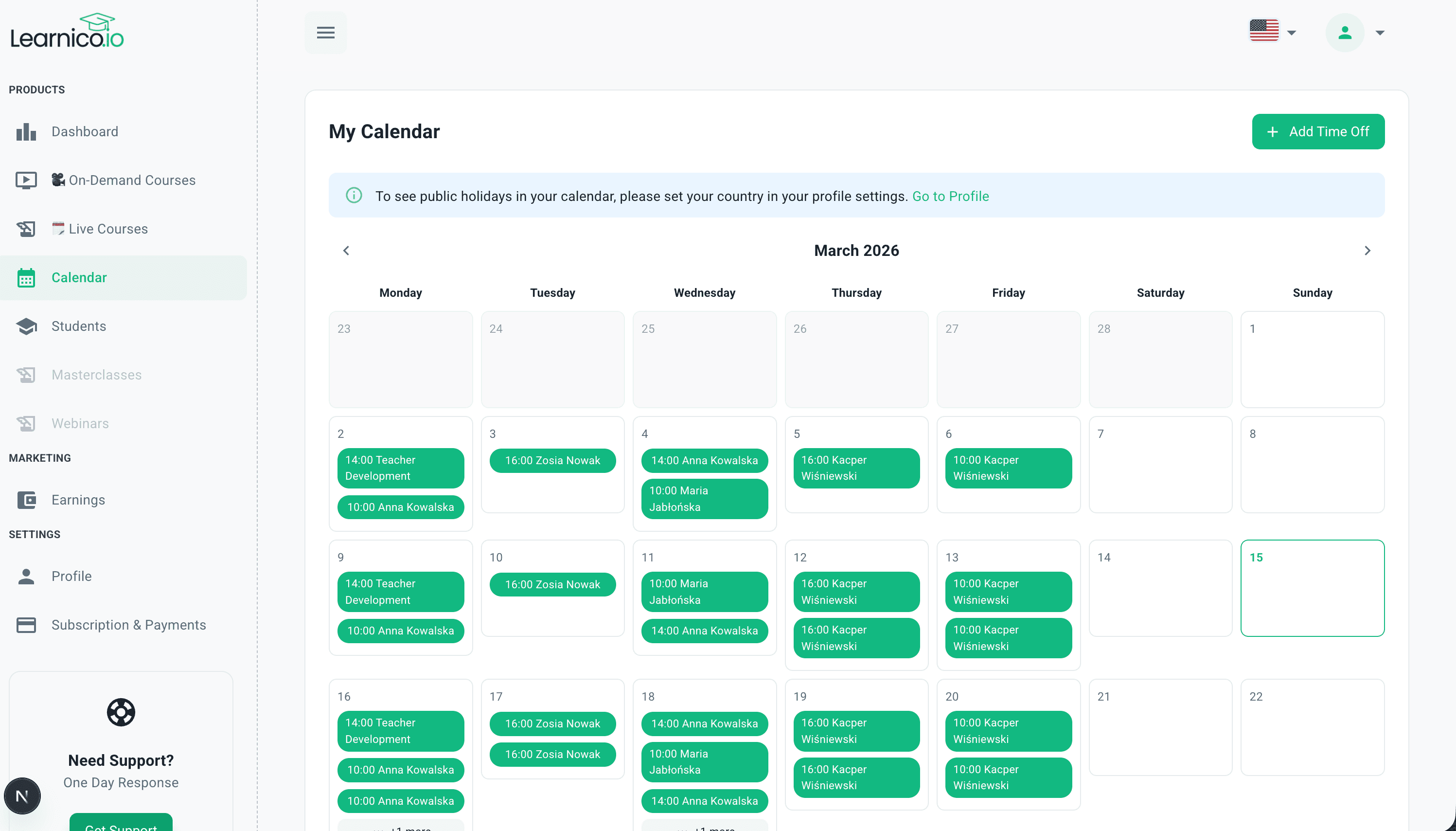 interfejs kalendarza do planowania lekcji pokazujący tygodniowy harmonogram korepetytora