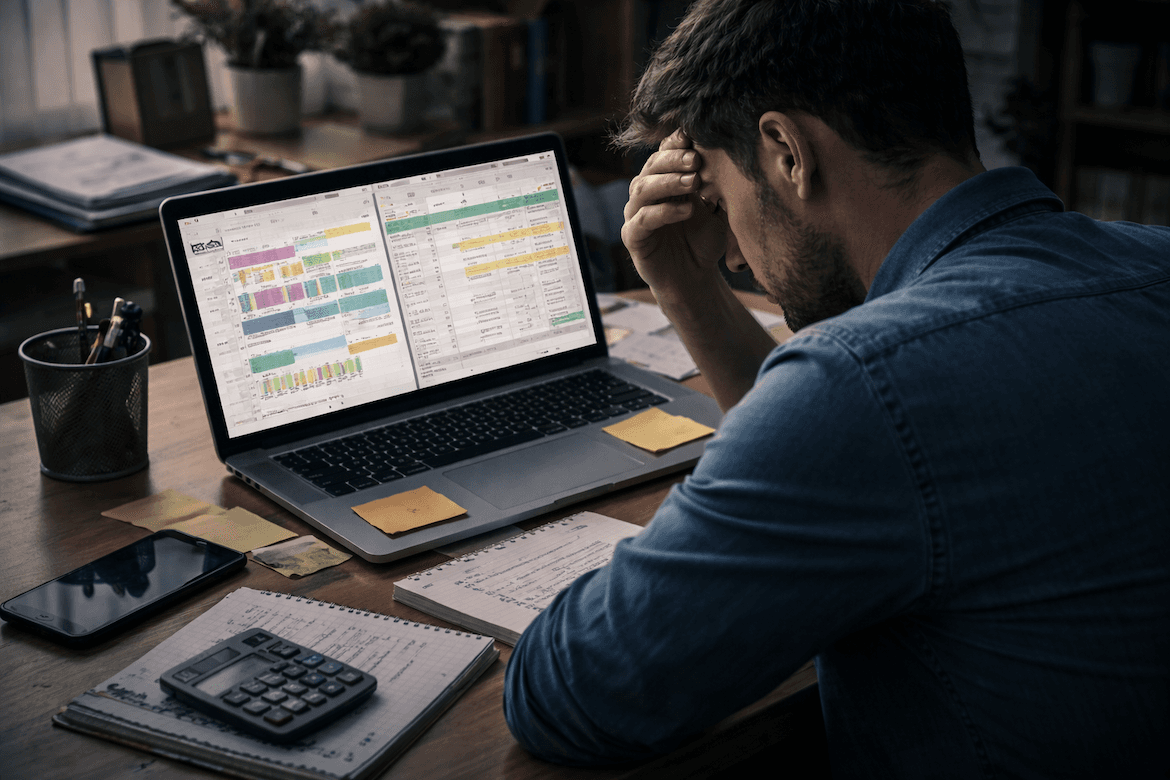 Przytłoczony korepetytor zarządzający arkuszami kalkulacyjnymi i kalendarzami