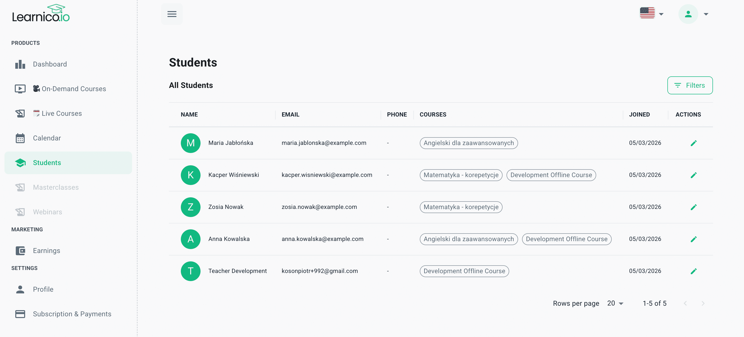 panel zarządzania uczniami z profilami uczniów i historią lekcji