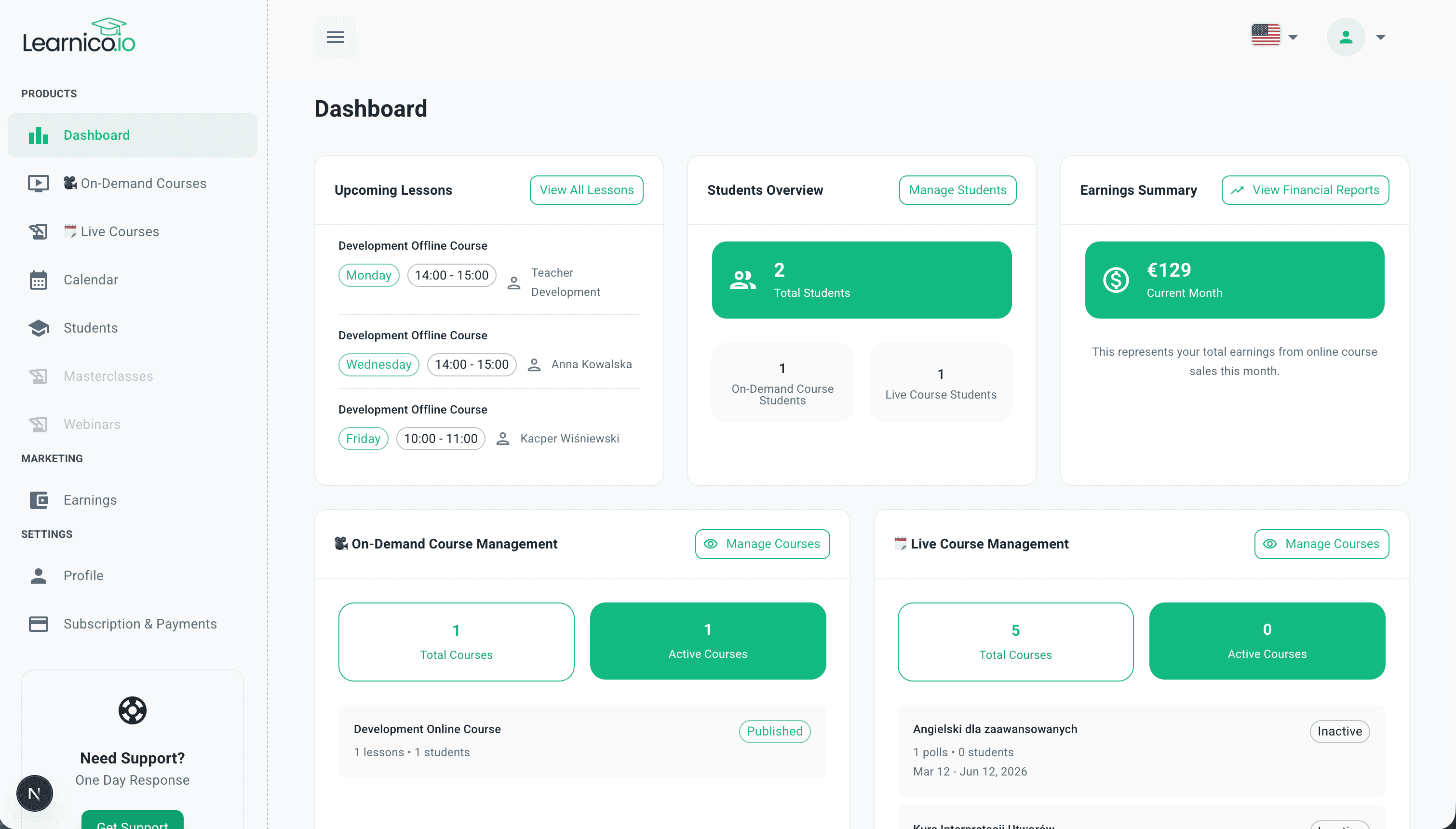 Nowoczesny panel SaaS pokazujący kalendarz zajęć i listę uczniów
