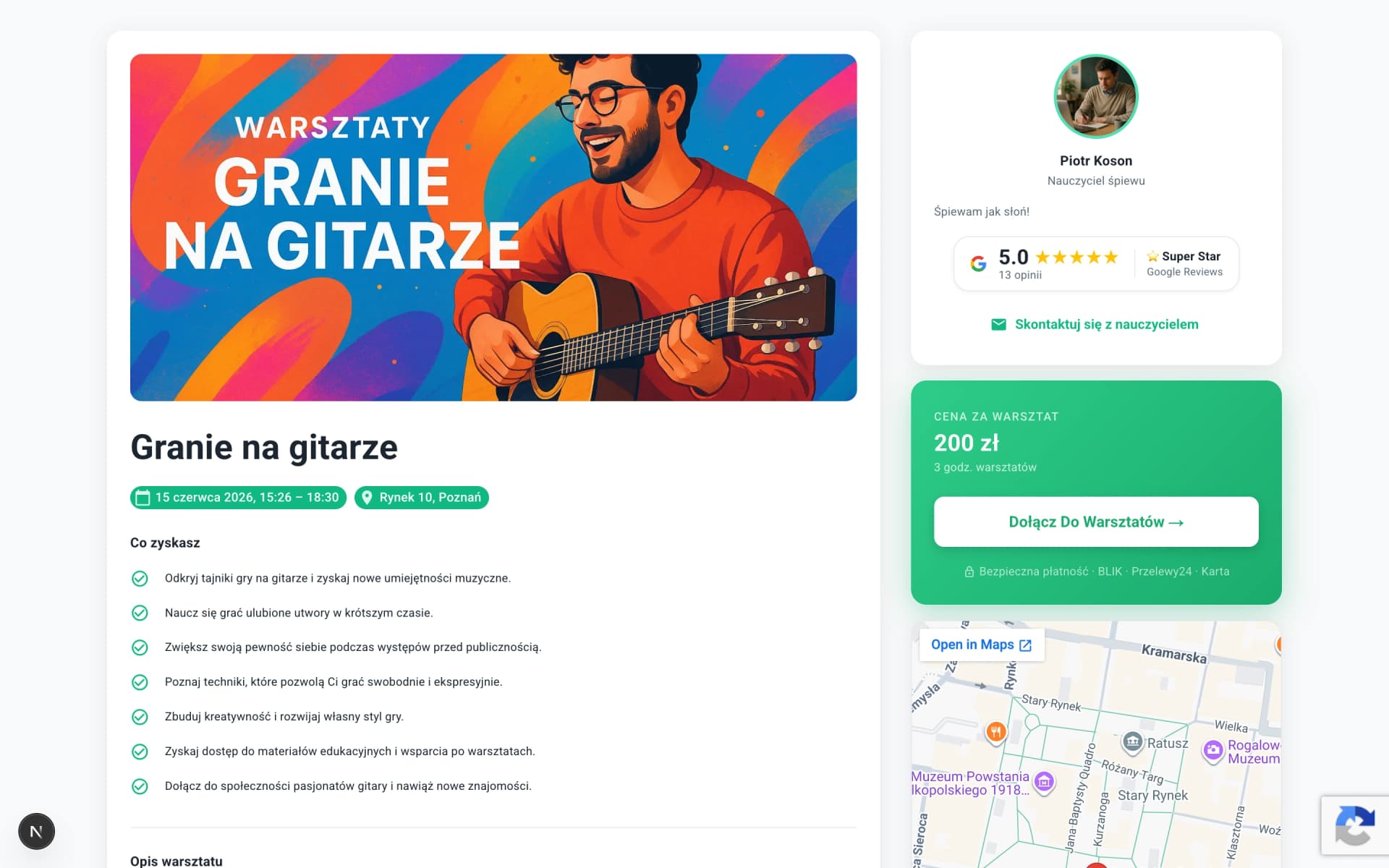Publiczna strona warsztatu z datą, ceną i przyciskiem zapisu
