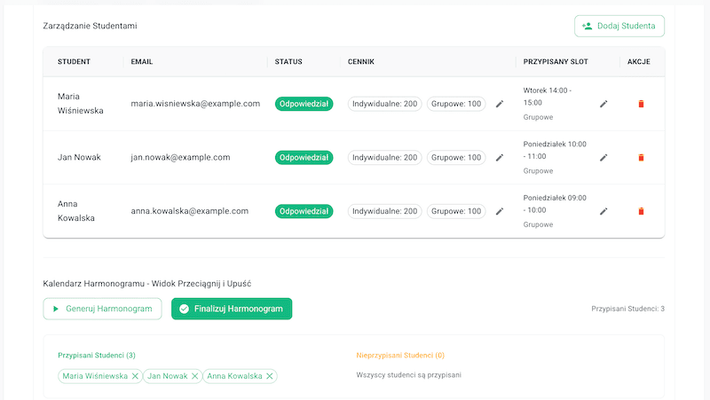 Screenshot: Calendar view with lesson bookings and availability slots