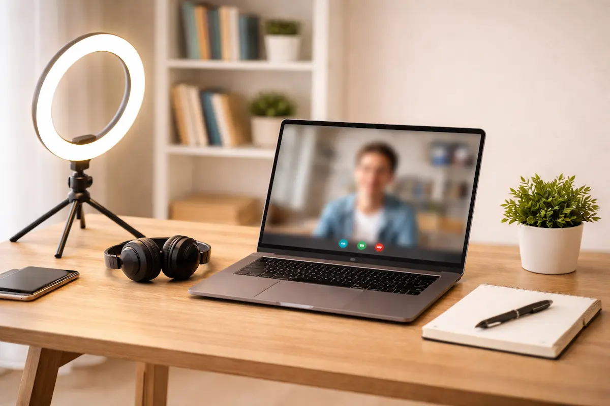 Professional home office setup for online tutoring A professional home office setup for online tutoring: laptop, ring light and headset ready for remote lessons