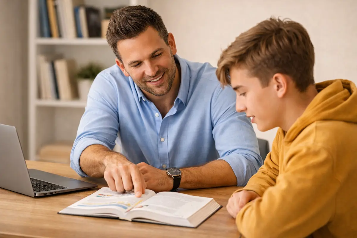 One-on-one tutoring session — the core of a private tutoring business A tutor working one-on-one with a student, reviewing study materials together at a desk