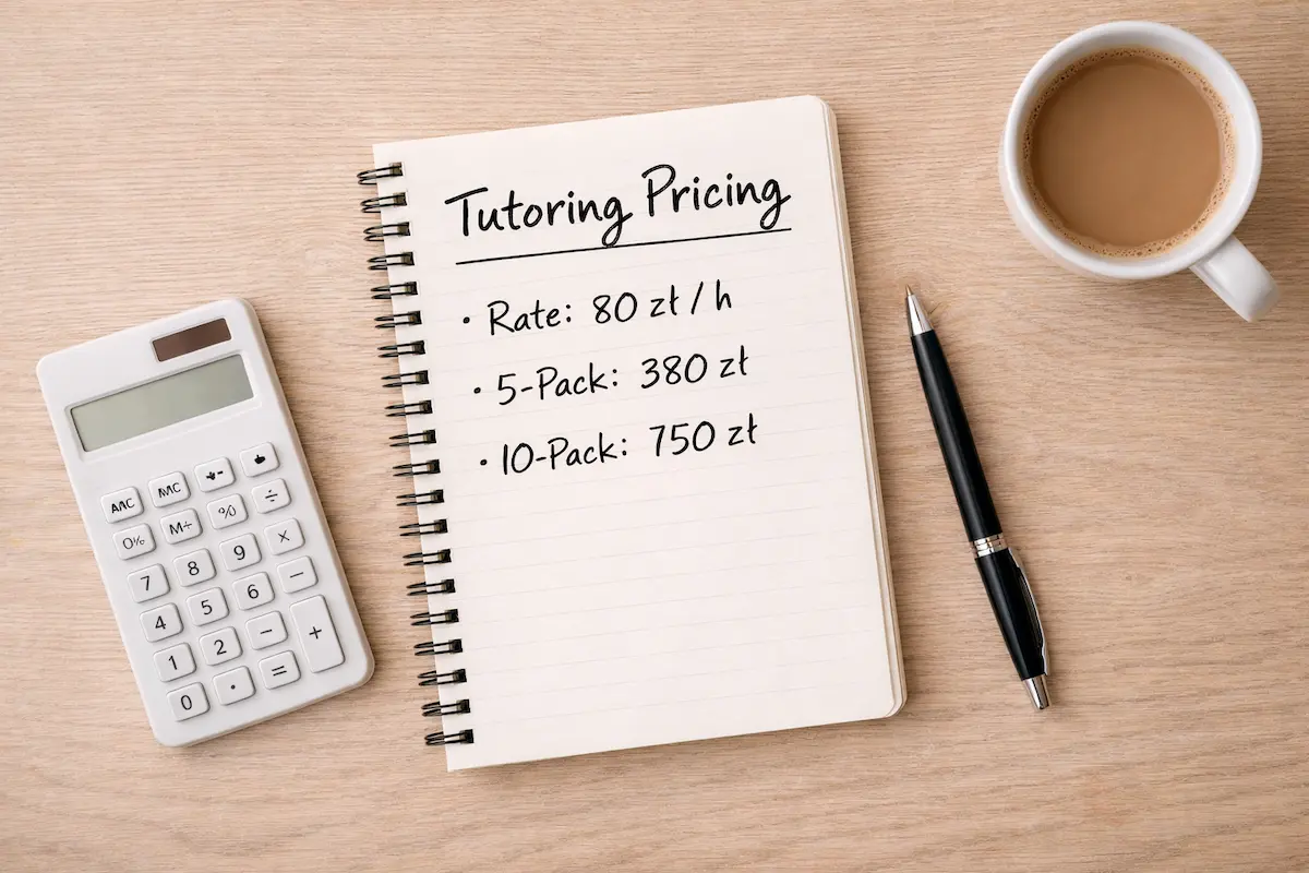 Planning tutoring rates and package pricing A notebook showing tutoring rate options and package pricing alongside a calculator on a clean desk