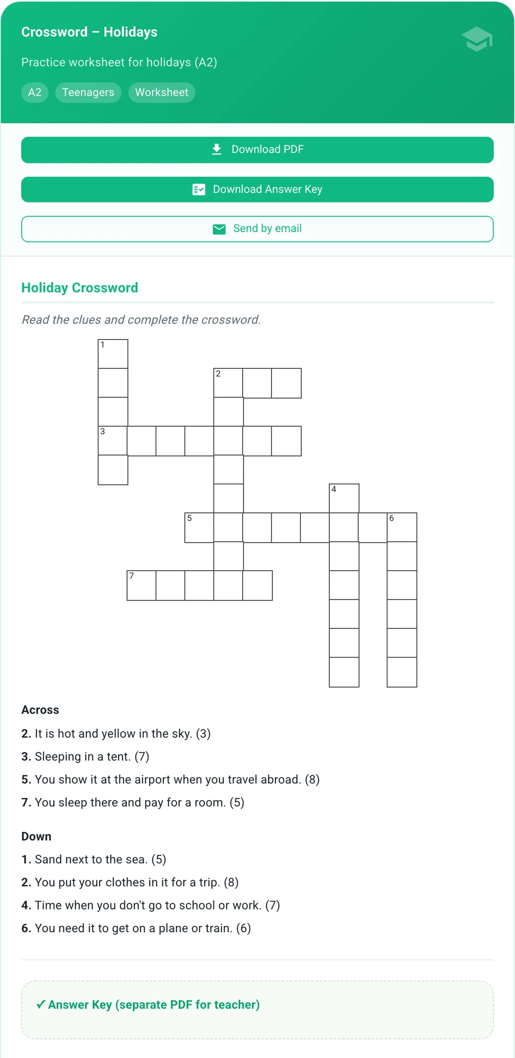 Crossword, one of the new exercise types An A2 holiday crossword