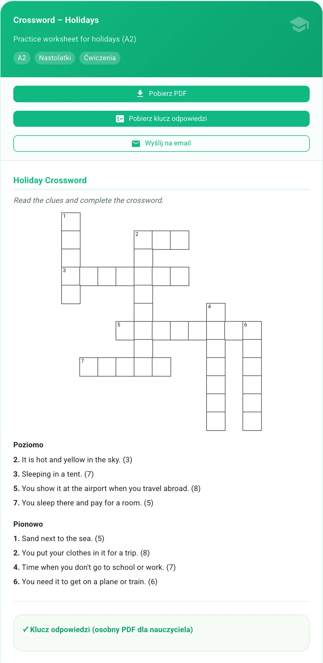 Krzyżówka, jeden z nowych typów ćwiczeń Krzyżówka „Holiday Crossword” na poziomie A2