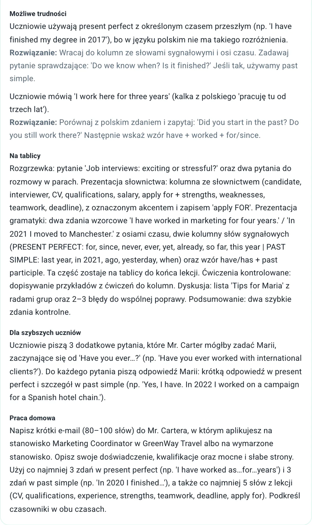 Druga część konspektu Możliwe trudności, tablica, zadanie dla szybszych uczniów i praca domowa