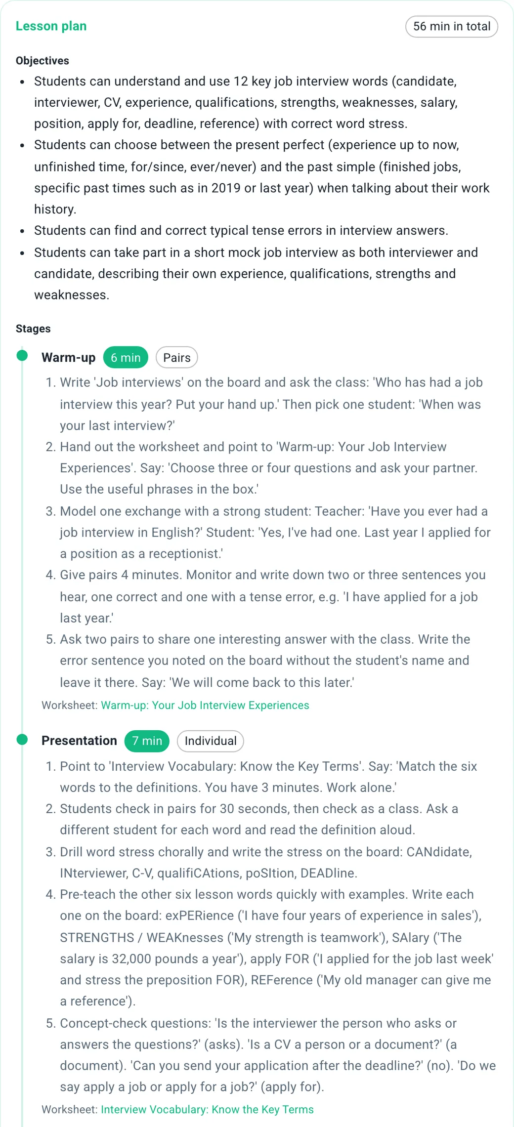 Objectives and the first stages of the plan Part of a B1 "Job interviews" lesson plan