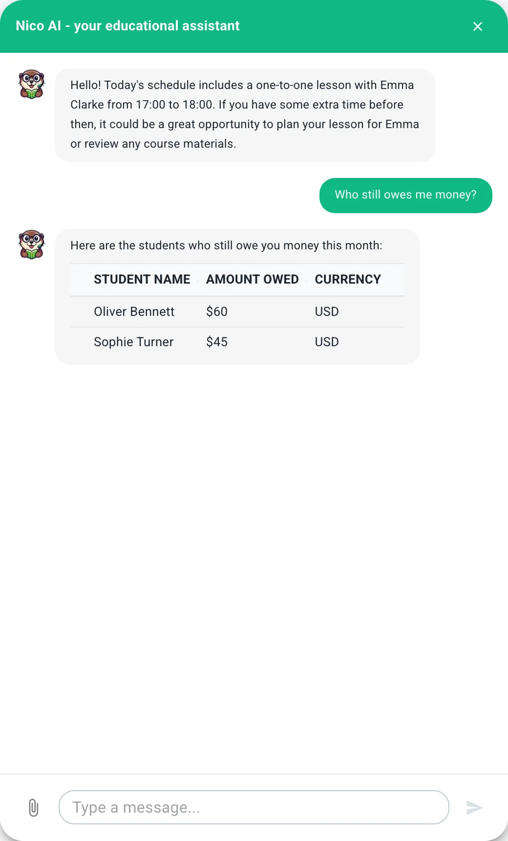The answer to “Who still owes me money?” Nico lists who still owes you money