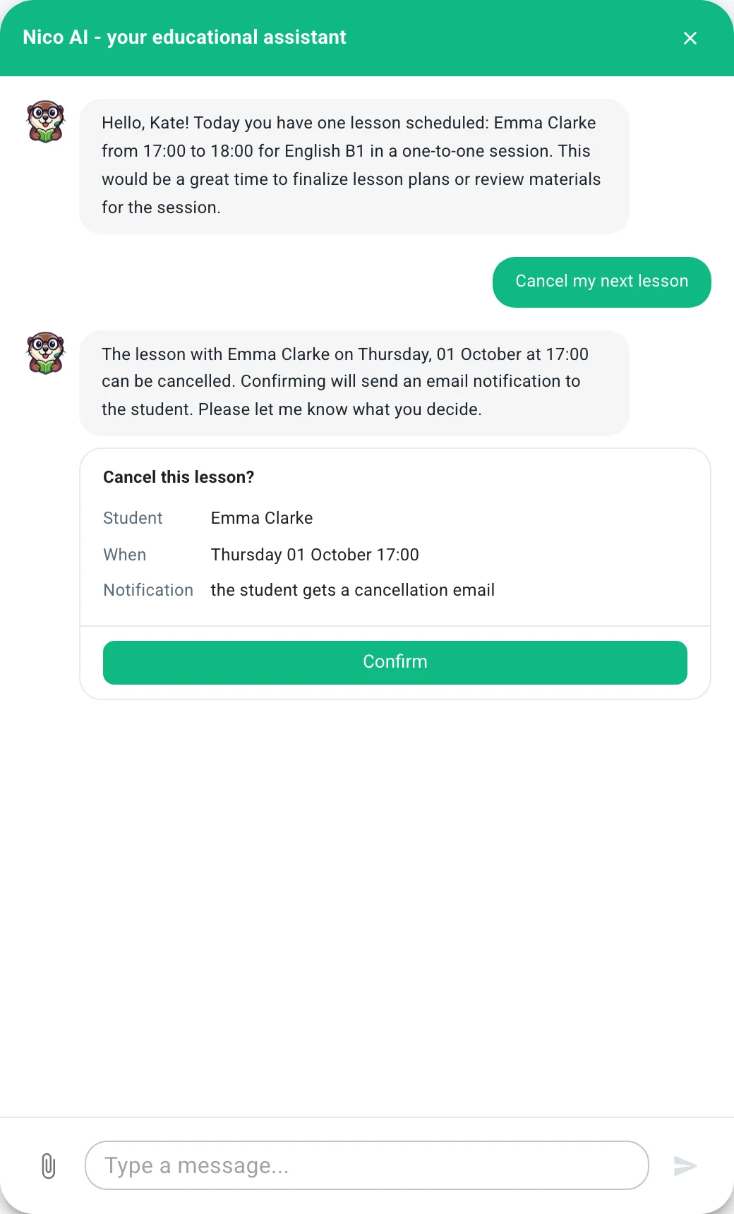 Nico prepared the cancellation and is waiting for confirmation A card proposing to cancel the next lesson