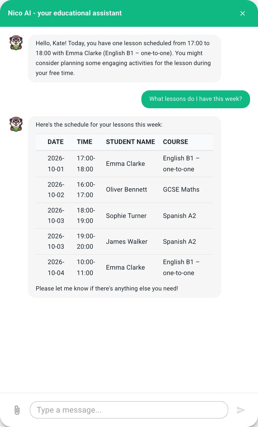 The answer to “What lessons do I have this week?” Nico lists this week's lessons