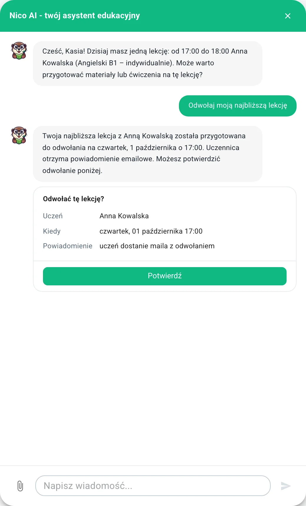 Karta z propozycją odwołania najbliższej lekcji