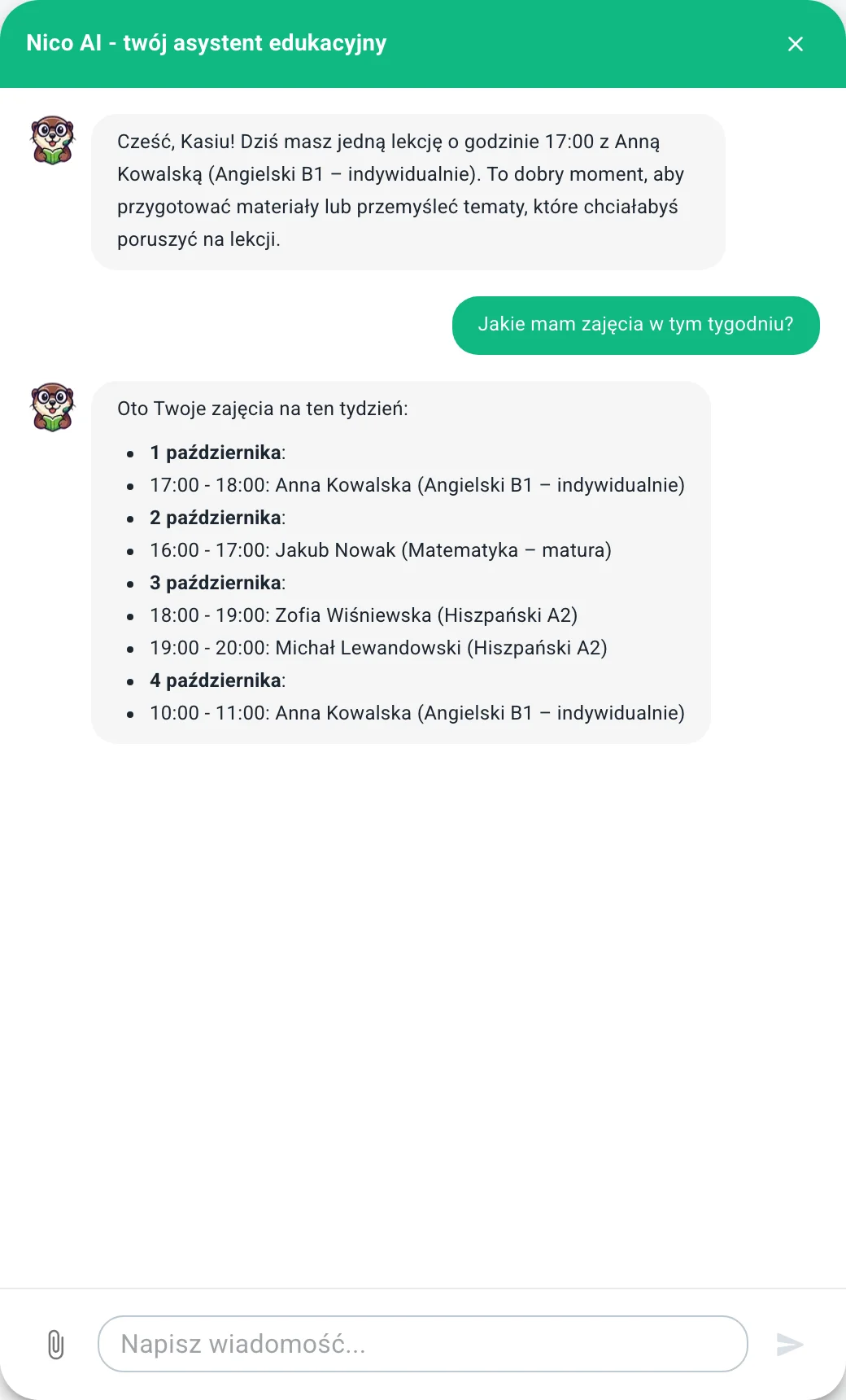 Nico wypisuje zajęcia na bieżący tydzień